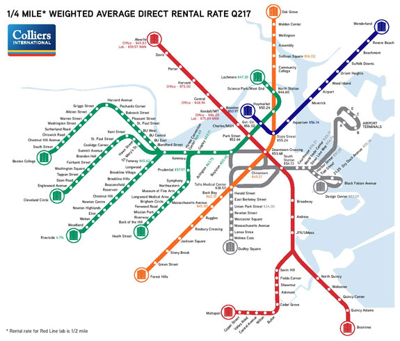 MBTA map and corresponding office rent in Boston