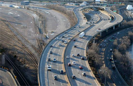 Birds-eye view of the Mass Pike curves near Allston and Brighton