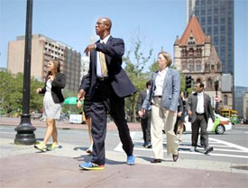 people walk the streets of Boston