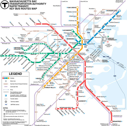 Public transportation map of T routes for boston commuters