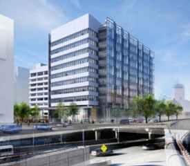 rendering of office tower at South End garage site
