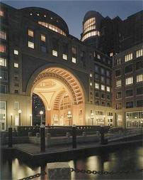 boston waterfront office space building at night