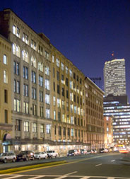 Office building in Boston Seaport district at night